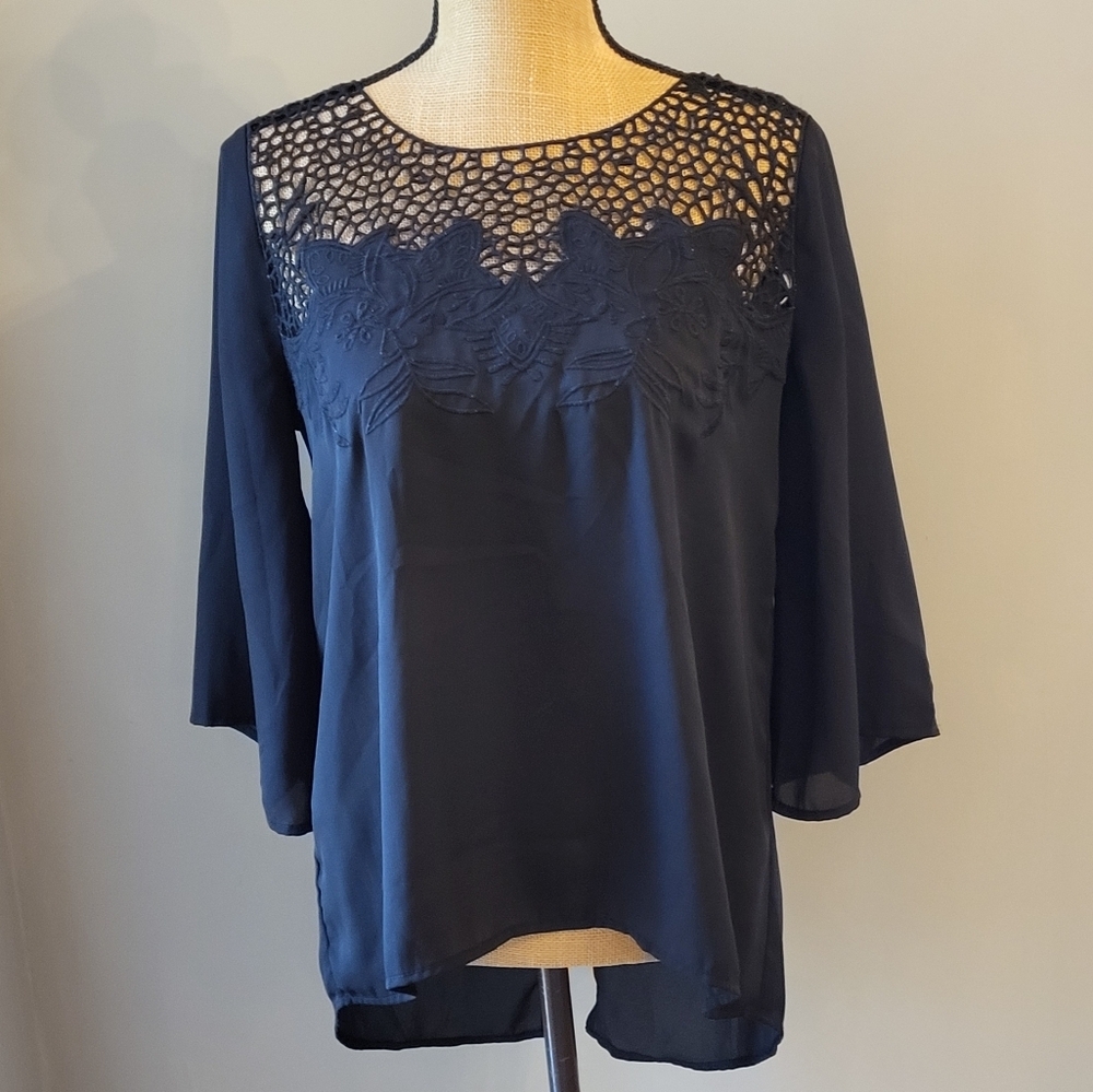 Umgee Black cotton-blend Pullover Top 3/4 Sleeve Medium